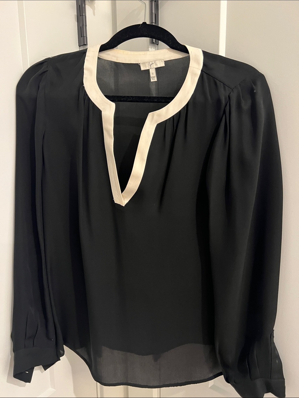 Joie Black Blouse with Cream Trim Split V-Neck